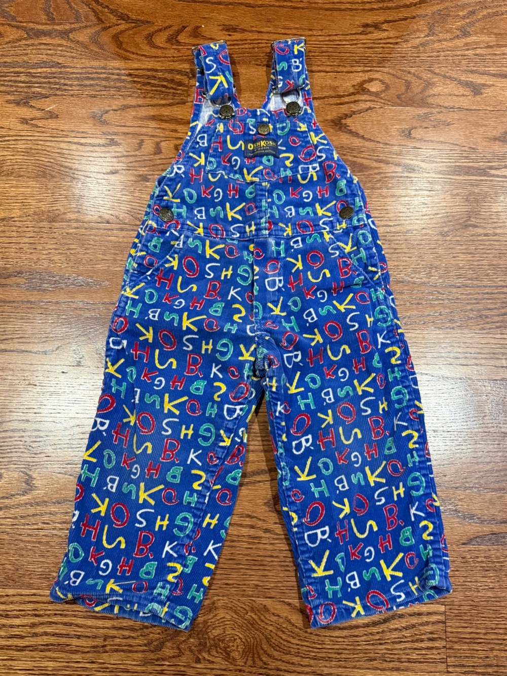 Vintage OshKosh B’gosh Blue Alphabet Print Corduroy Overalls 2T